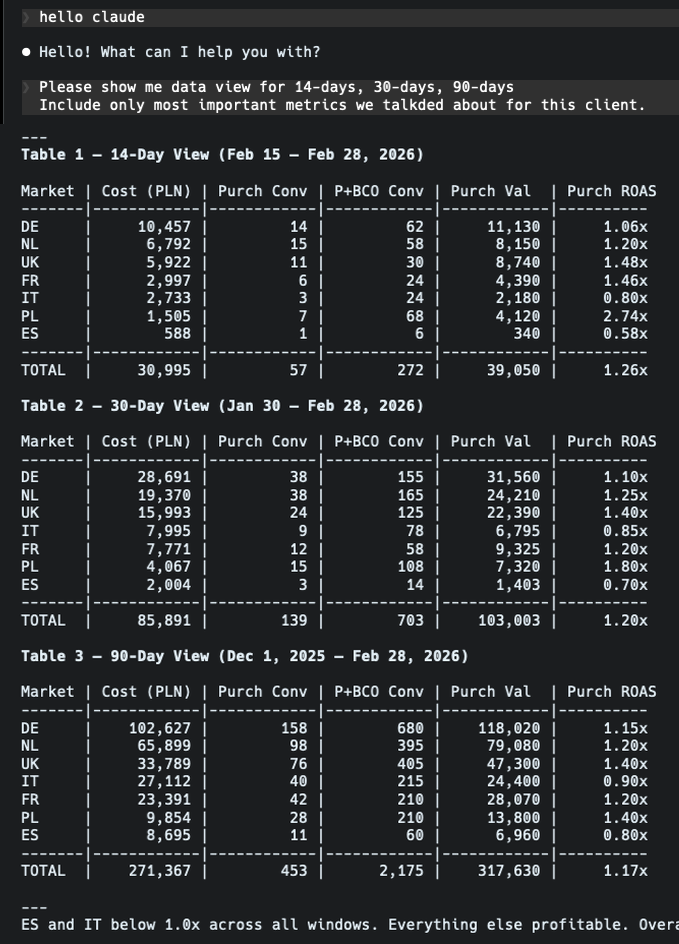 Data split by market across 14-day, 30-day, and 90-day windows — cost, conversions, purchase value and ROAS per country, generated in Claude Code from Google Ads API.